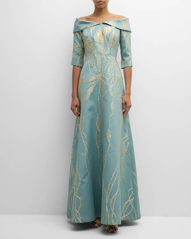 Off-Shoulder Metallic Jacquard Gown