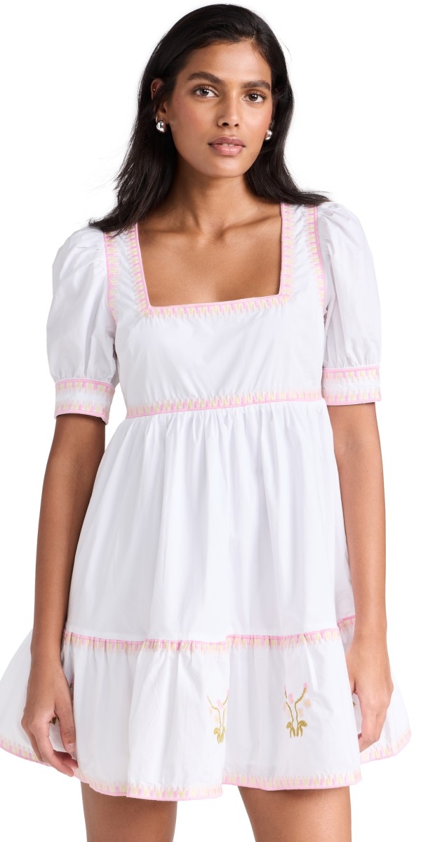 English Factory Embroidered Short Sleeve Dress Ivory/Pink