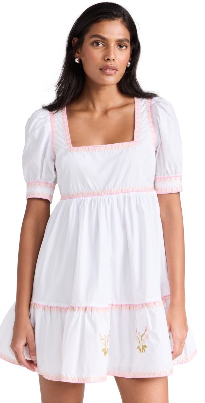 English Factory Embroidered Short Sleeve Dress Ivory/Pink