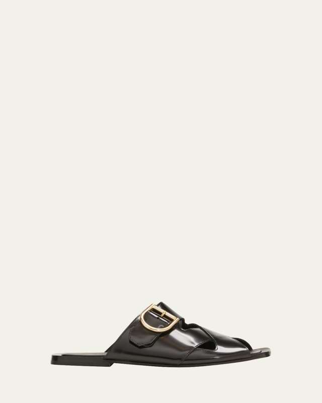 Patent Buckle Flat Slide Sandals