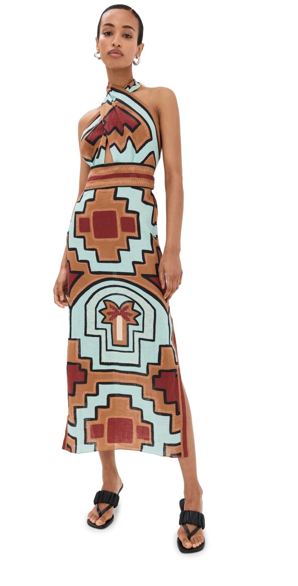 Johanna Ortiz Energetic Patterns Ankle Dress Shipibo Tropics Brown-Mint-Ter