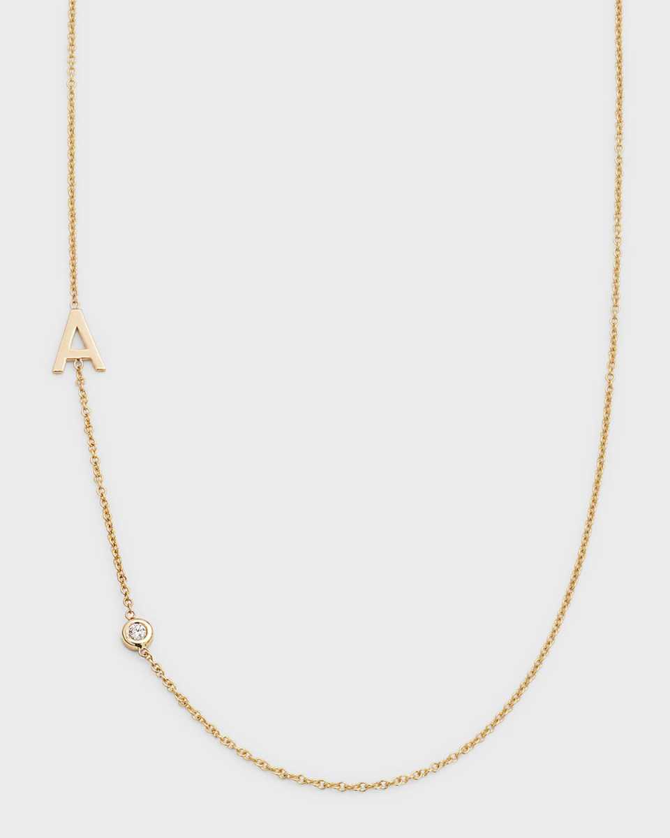 14K Gold Asymmetrical Initial and Bezel Diamond Necklace, 16-18"L