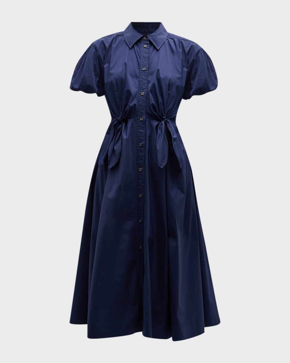 Elza Puff-Sleeve Tie-Waist Midi Shirtdress