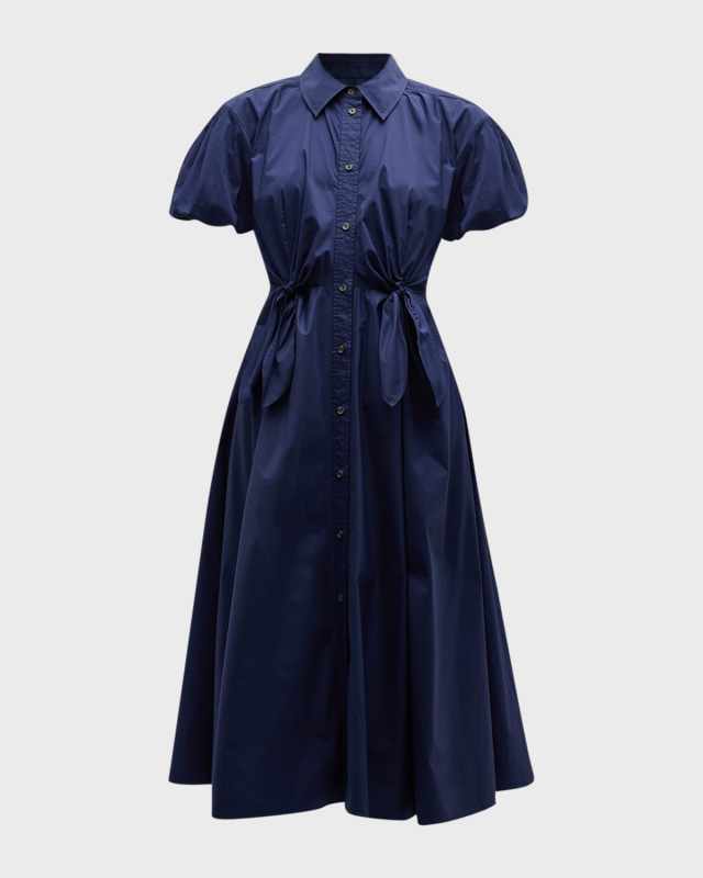Elza Puff-Sleeve Tie-Waist Midi Shirtdress