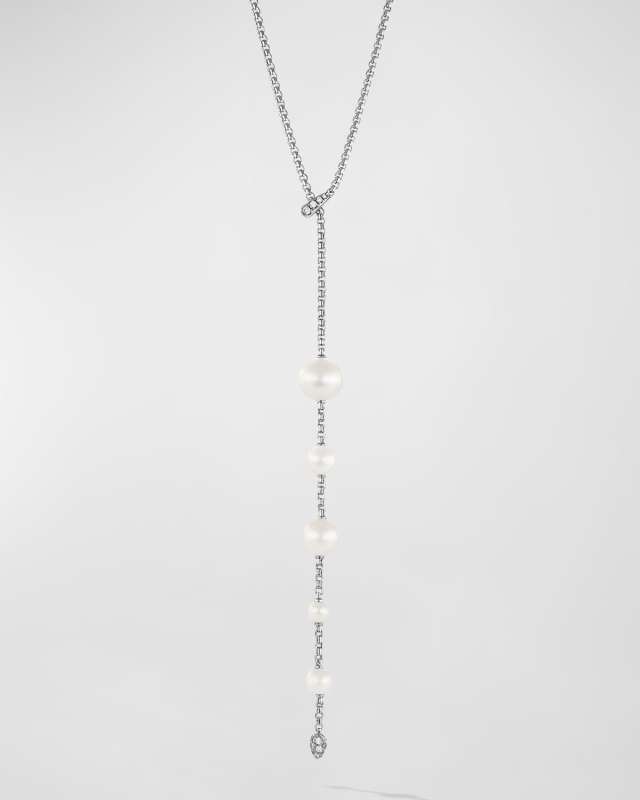 Pearl and Pave Y-Necklace with Diamonds in Silver, 2mm, 28"L
