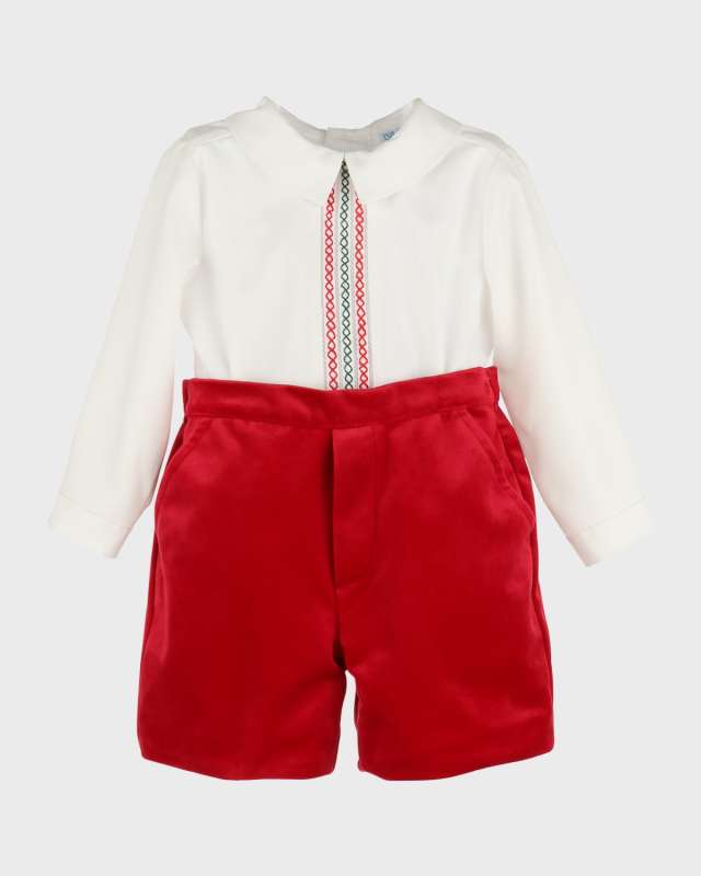 Boy's Embroidered Top & Velvet Shorts Set, Size 6M-24