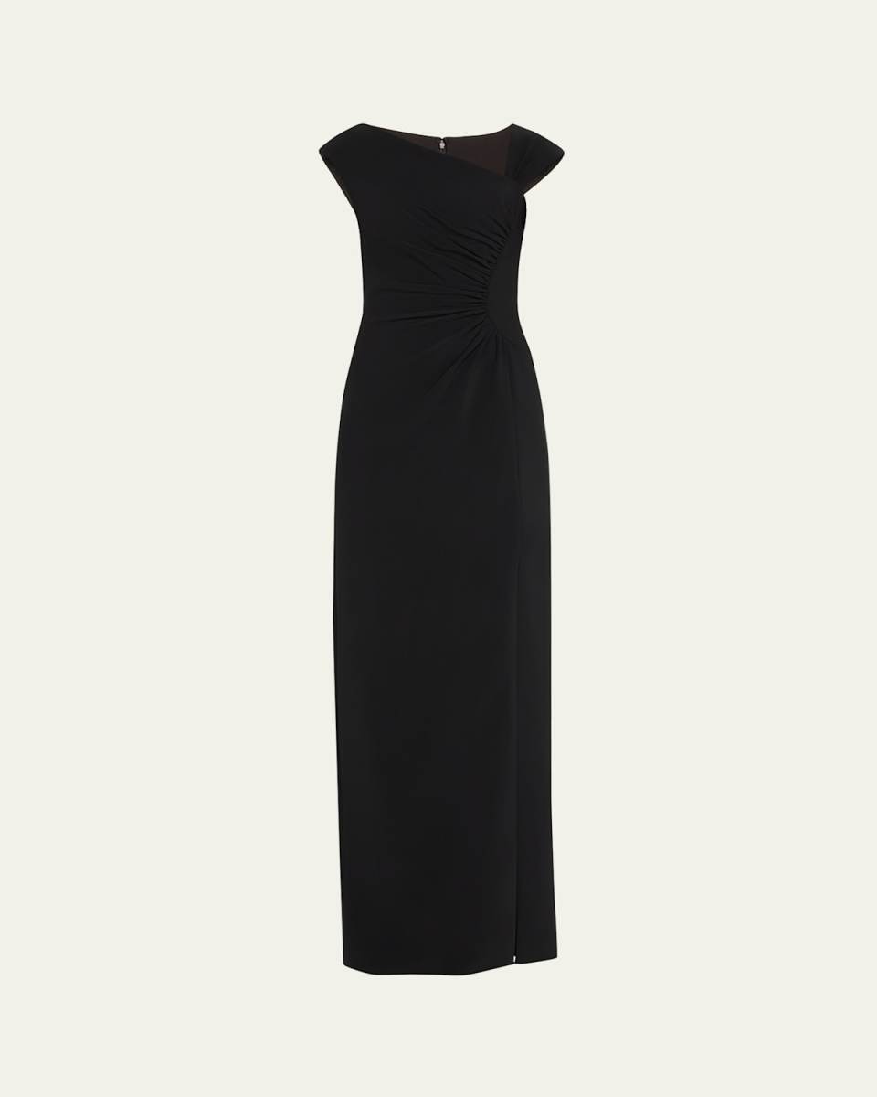 Pleated Cap-Sleeve Crepe Column Gown