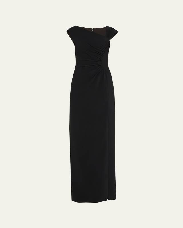 Pleated Cap-Sleeve Crepe Column Gown