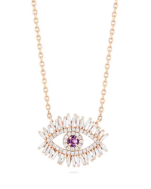 Medium Pink Sapphire Evil Eye Pendant Necklace with Diamonds