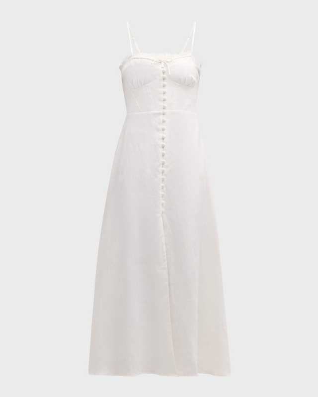 Linella Linen Cotton Smocked Spaghetti-Strap Maxi Dress