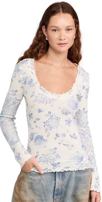 Free People Clover Printed Thermal Tee Ivory Combo