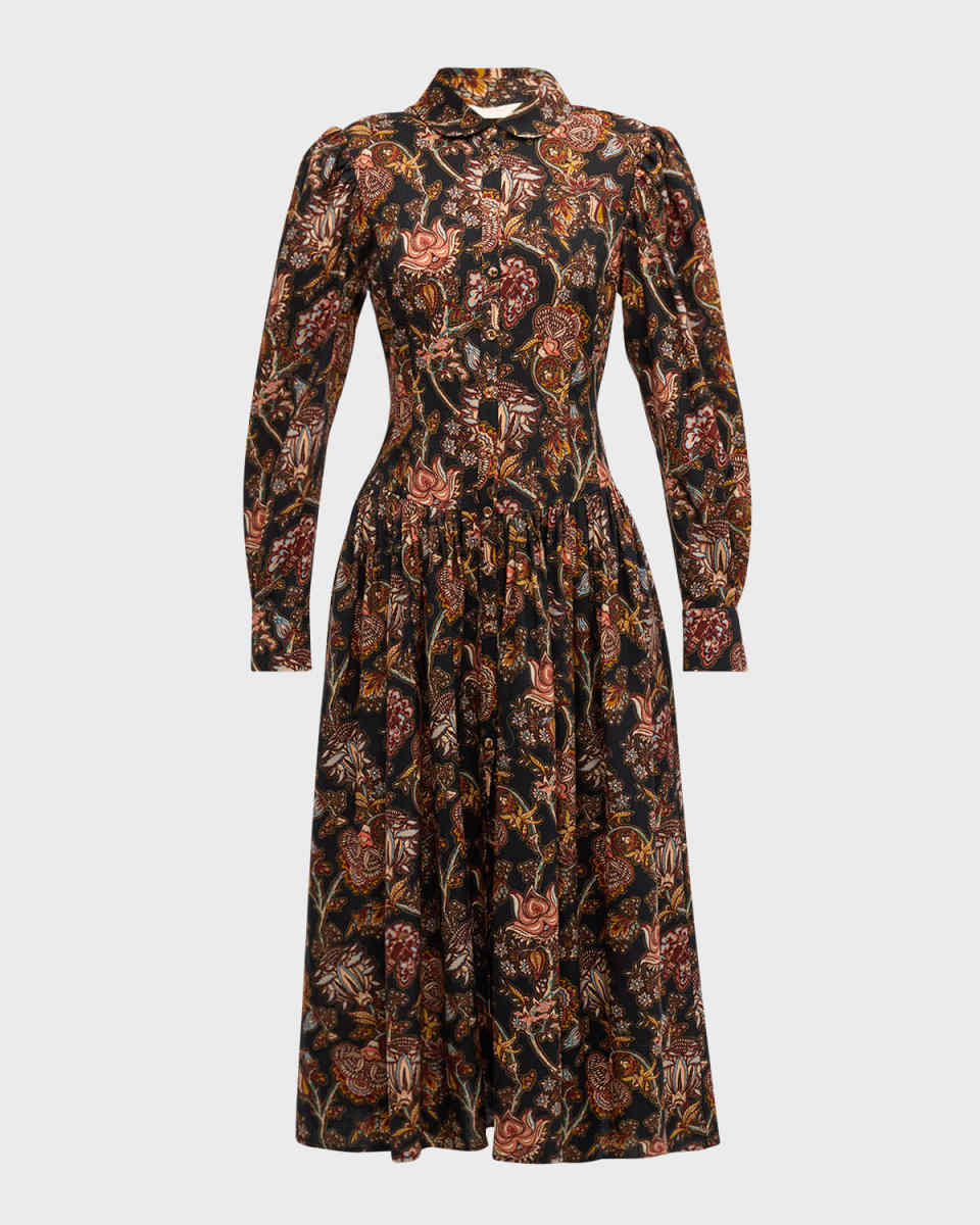 Celia Floral Belted Long-Sleeve Midi Dress