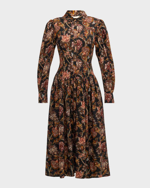 Celia Floral Belted Long-Sleeve Midi Dress